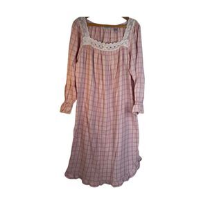 Erika Taylor Vintage Flannel‎ Nightgown Pink Plaid Lace Bodice Long Cotton Sz MD